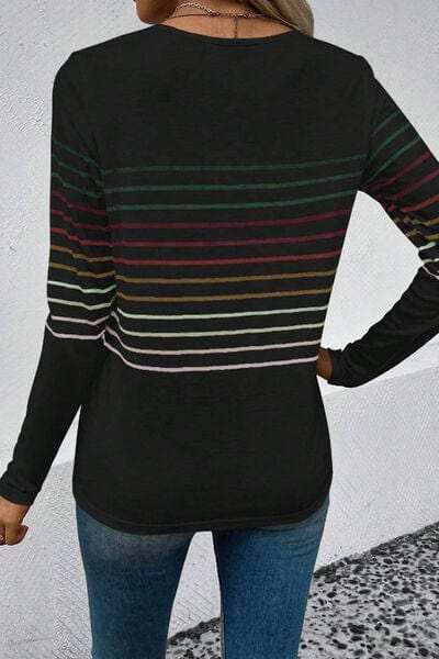 Striped Round Neck Long Sleeve T-Shirt - Trendsi - Flyclothing LLC