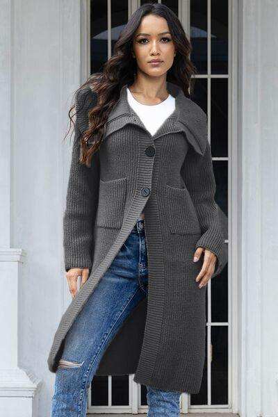 Pocketed Button Up Collared Neck Cardigan - Trendsi - Flyclothing LLC