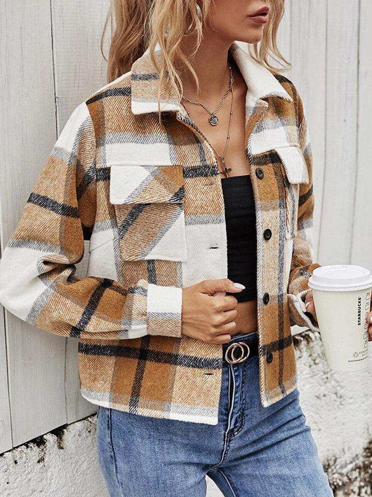 Plaid Collared Neck Jacket with Breast Pockets - Trendsi - Flyclothing LLC