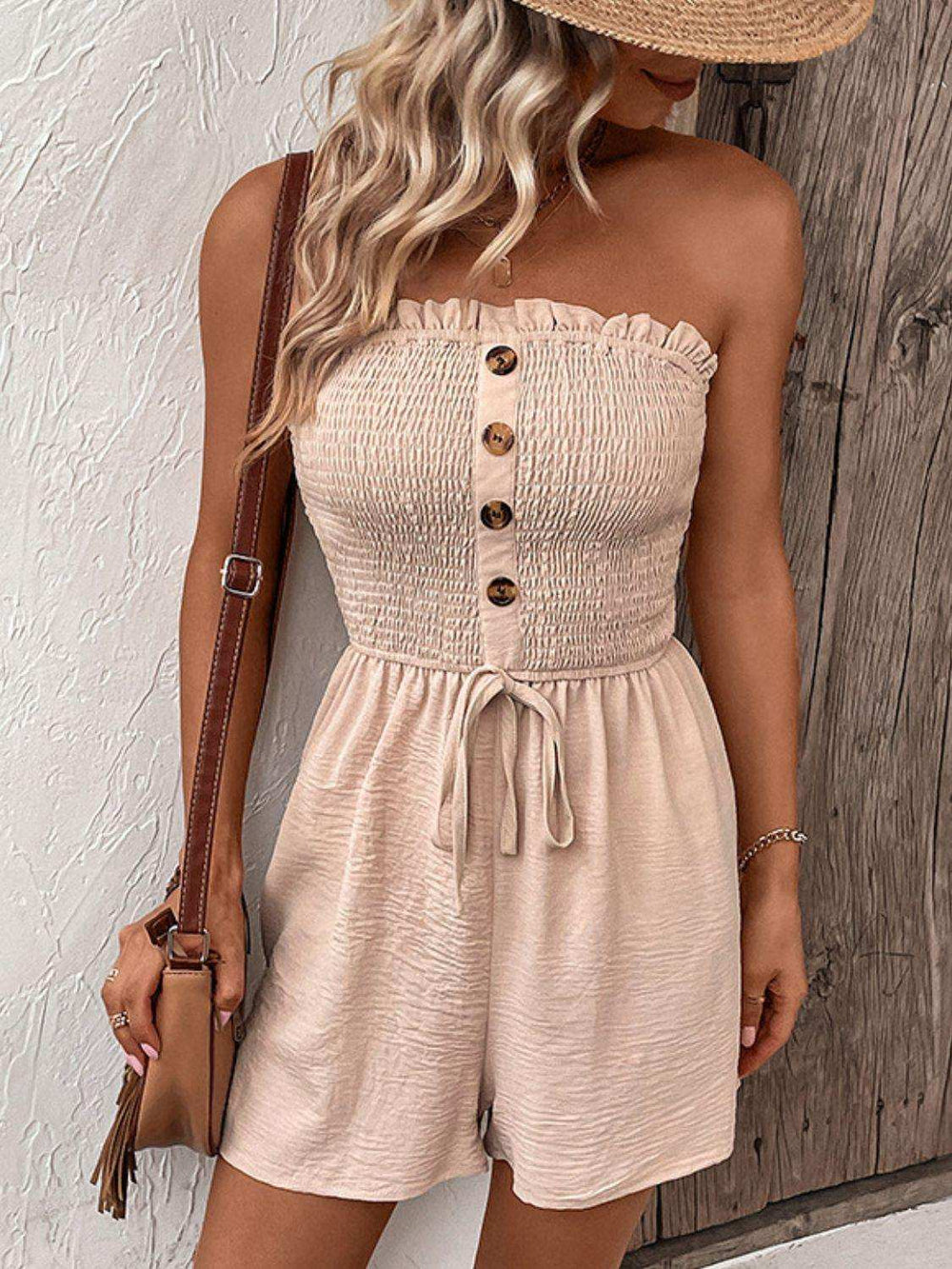 Decorative Button Smocked Strapless Romper - Trendsi - Flyclothing LLC
