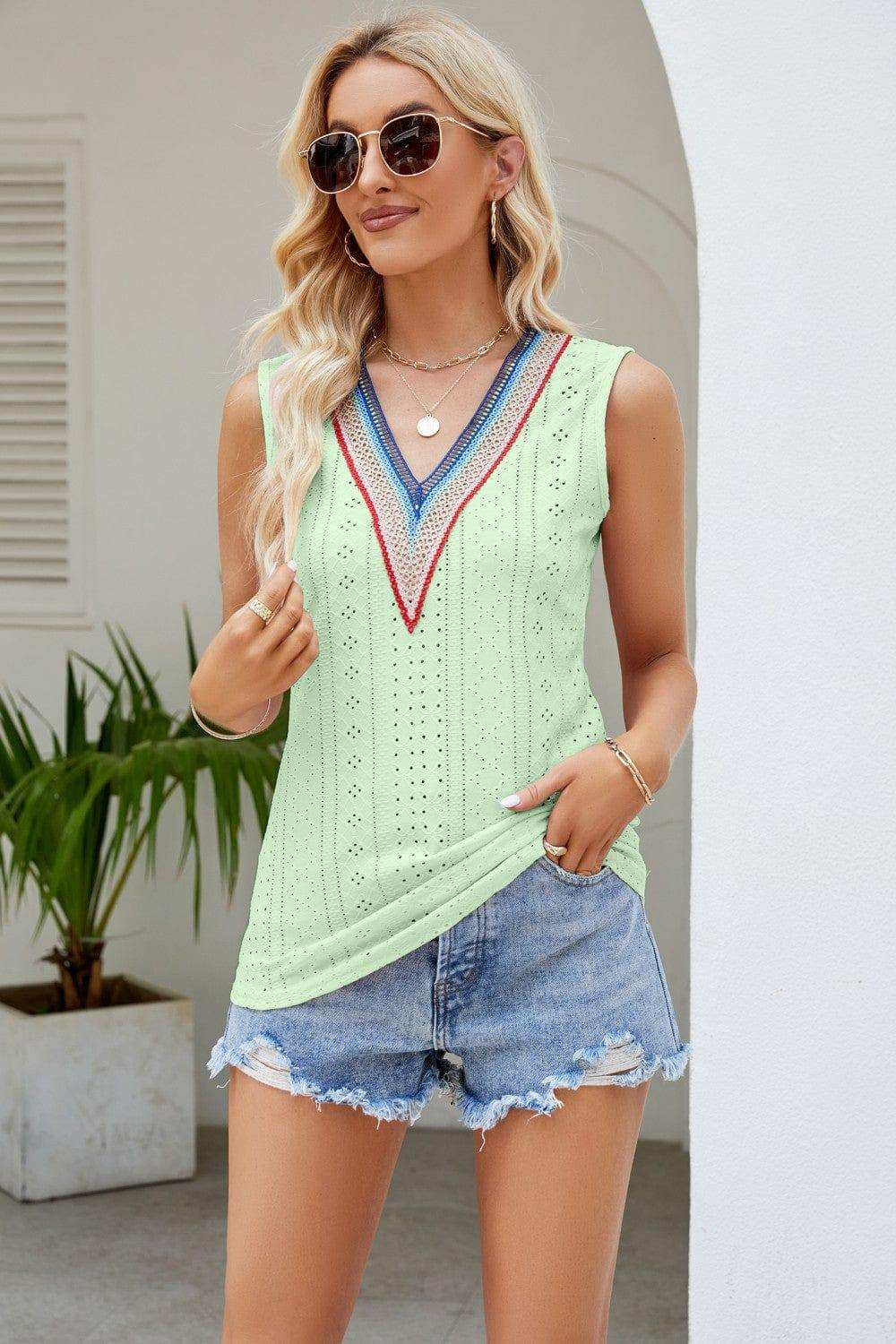 Contrast V-Neck Eyelet Tank - Trendsi - Flyclothing LLC