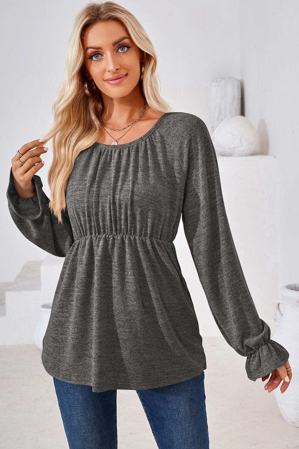 Ruched Round Neck Flounce Sleeve Blouse - Trendsi - Flyclothing LLC