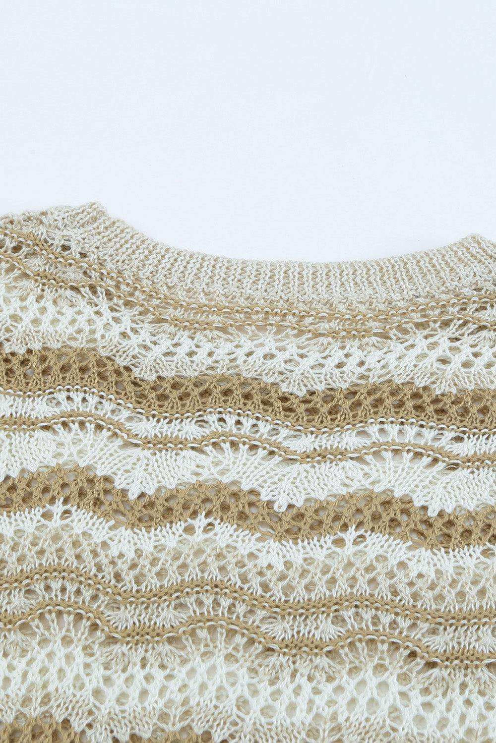 Wavy Stripe Scalloped Hem Openwork Knit Top - Trendsi - Flyclothing LLC