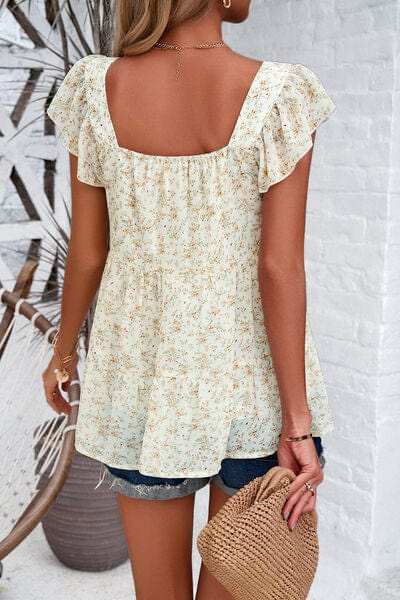 Printed Square Neck Cap Sleeve Blouse - Trendsi - Flyclothing LLC