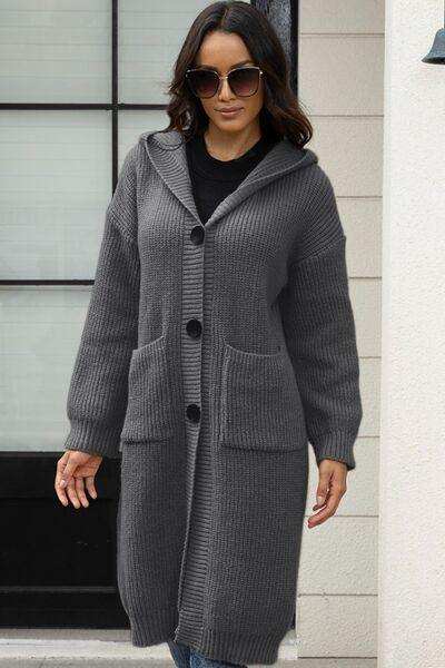 Button Up Long Sleeve Hooded Cardigan with Pockets - Trendsi - Flyclothing LLC