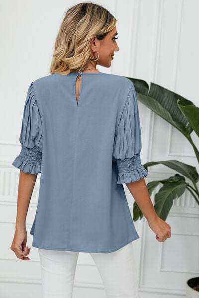Frill Round Neck Lantern Sleeve T-Shirt - Trendsi - Flyclothing LLC