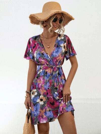 Printed Surplice Tie Waist Mini Dress - Trendsi - Flyclothing LLC