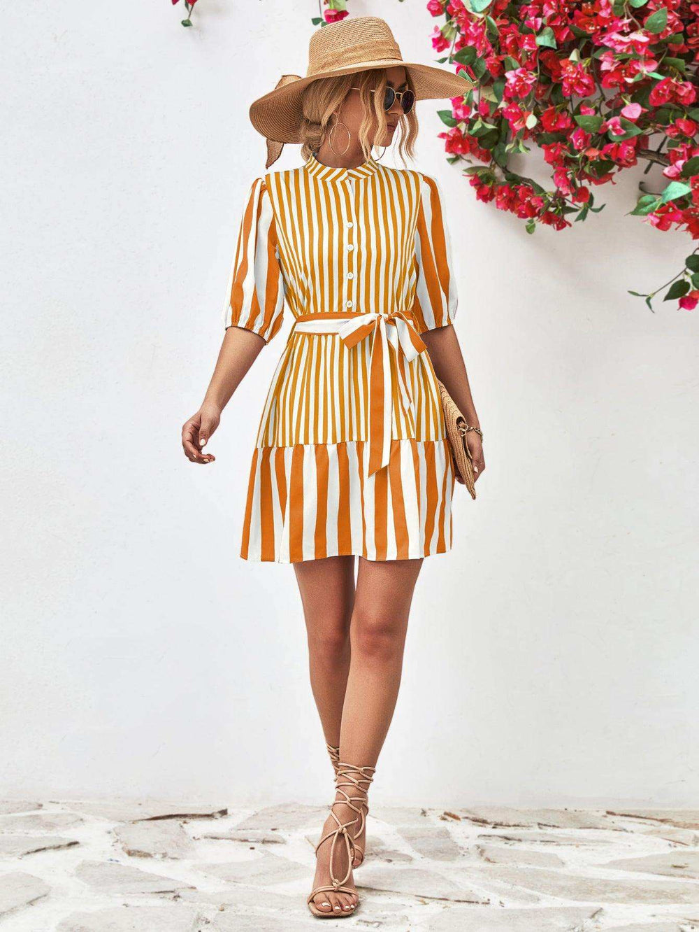 Striped Half Sleeve Tie Waist Mini Dress - Trendsi - Flyclothing LLC