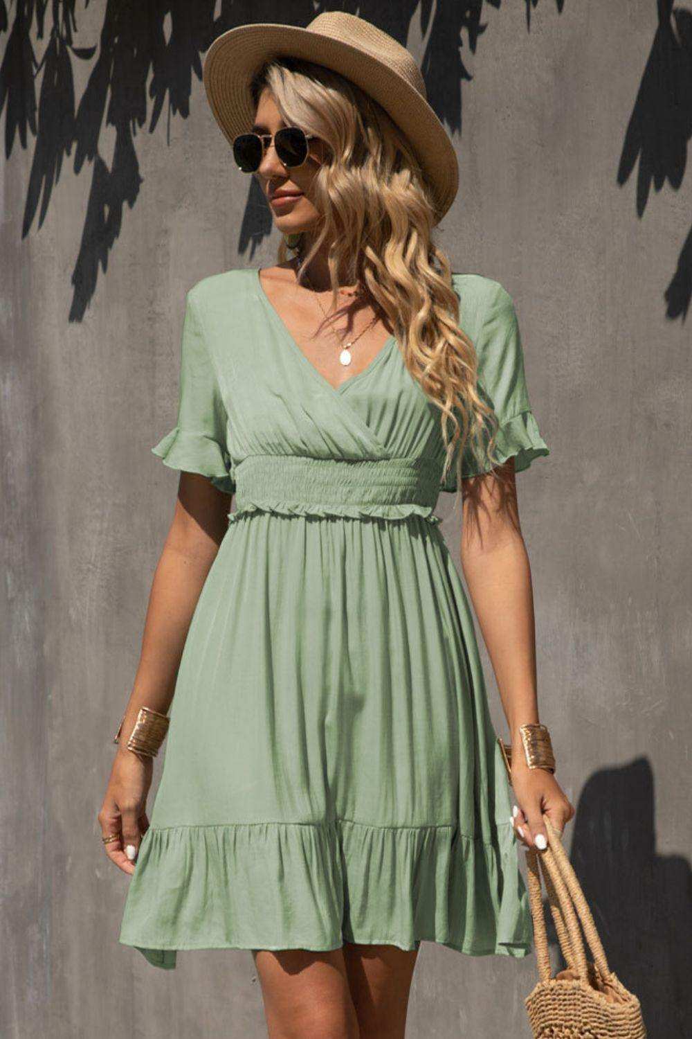Smocked Waist Flounce Sleeve Ruffle Hem Dress - Trendsi - Flyclothing LLC