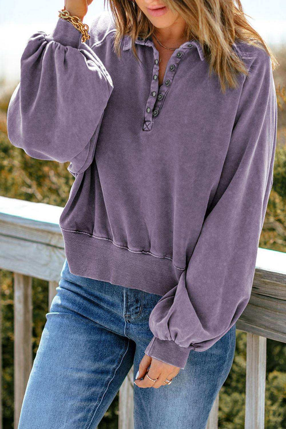 Quarter-Snap Collared Lantern Sleeve Sweatshirt - Trendsi - Flyclothing LLC
