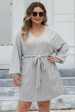Plus Size Ribbed Tie Front Long Sleeve Sweater Dress - Trendsi - Flyclothing LLC