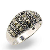 Alamode Antique Tone 925 Sterling Silver Ring with Semi-Precious Marcasite in Jet - Alamode - Flyclothing LLC