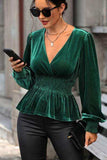 Smocked Surplice Lantern Sleeve Peplum Blouse - Trendsi - Flyclothing LLC