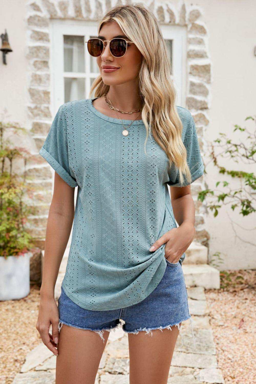 Full Size Round Neck Eyelet Short Sleeve Top - Trendsi - Flyclothing LLC