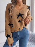 Star Pattern Distressed V-Neck Cropped Sweater - Trendsi - Flyclothing LLC
