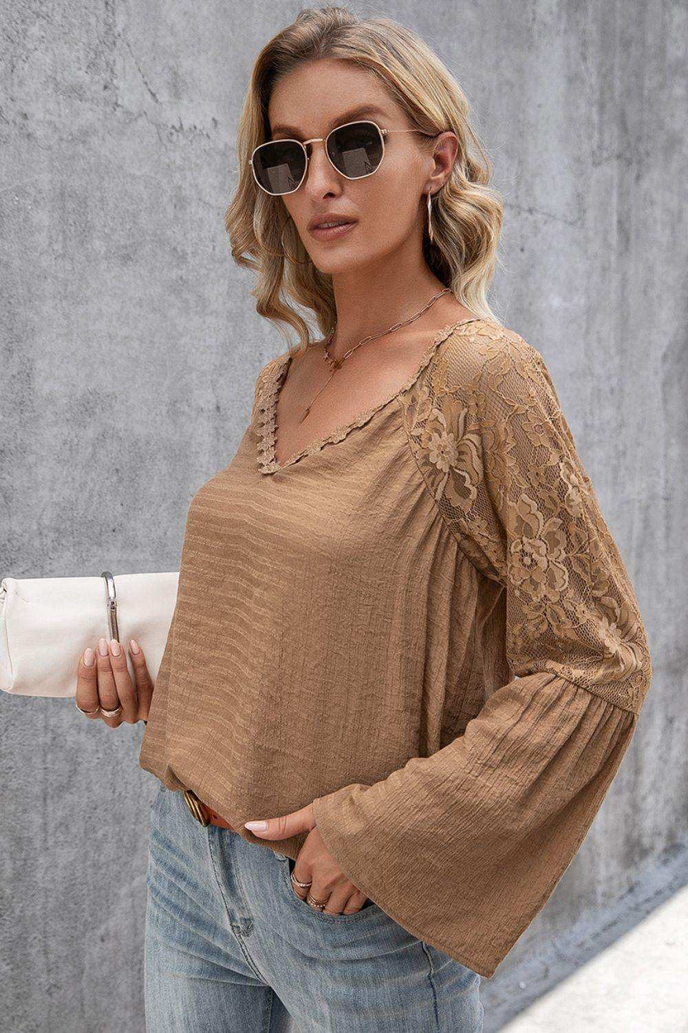 V-Neck Spliced Lace Flare Sleeve Top - Trendsi - Flyclothing LLC
