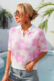 Floral Johnny Collar Half Sleeve Knit Top - Trendsi - Flyclothing LLC