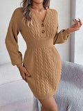 Buttoned Cable-Knit V-Neck Sweater Dress - Trendsi - Flyclothing LLC