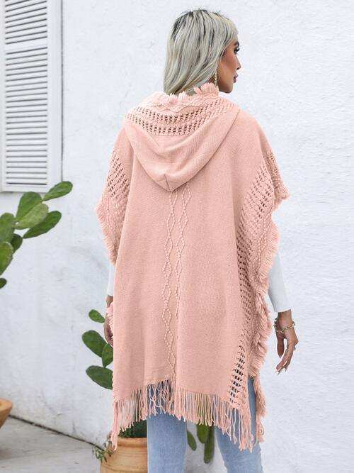 Fringe Trim Buttoned Hooded Poncho - Trendsi - Flyclothing LLC