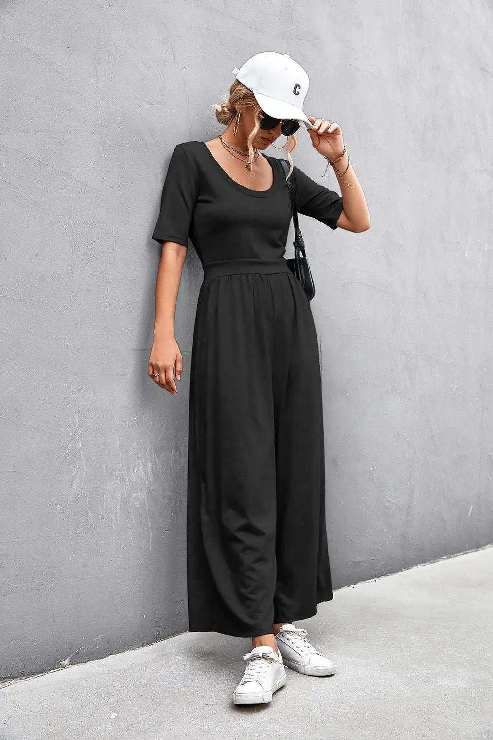 Scoop Neck Half Sleeve Wide Leg Jumpsuit - Trendsi - Flyclothing LLC