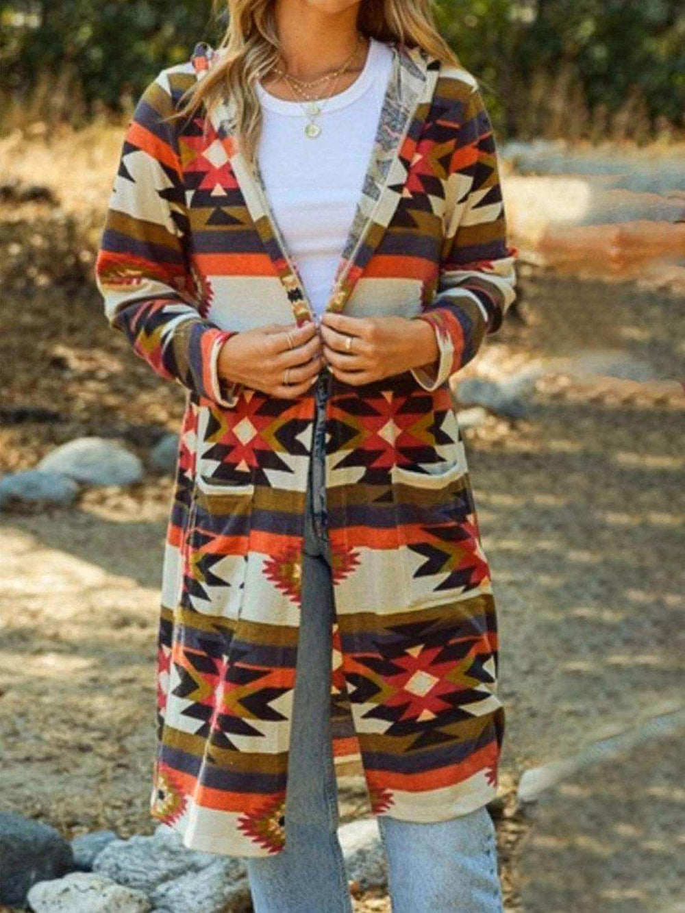 Geometric Hooded Cardigan with Pockets - Trendsi - Flyclothing LLC
