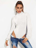 Backless Tie-Waist Turtleneck Lantern Sleeve Bodysuit - Trendsi - Flyclothing LLC