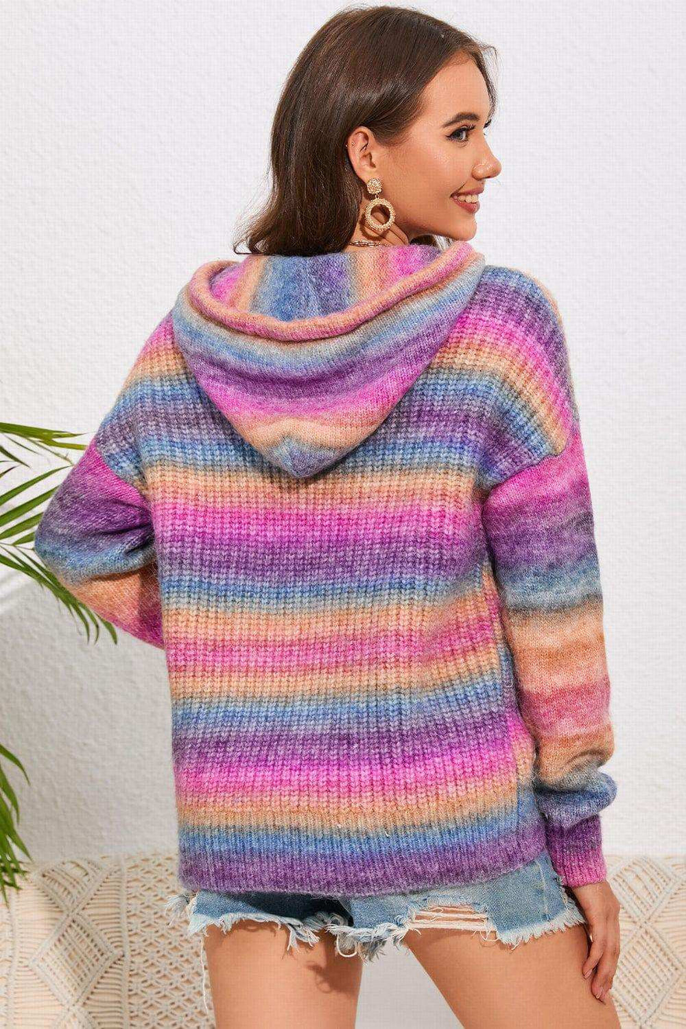Multicolor Dropped Shoulder Hooded Sweater - Trendsi - Flyclothing LLC