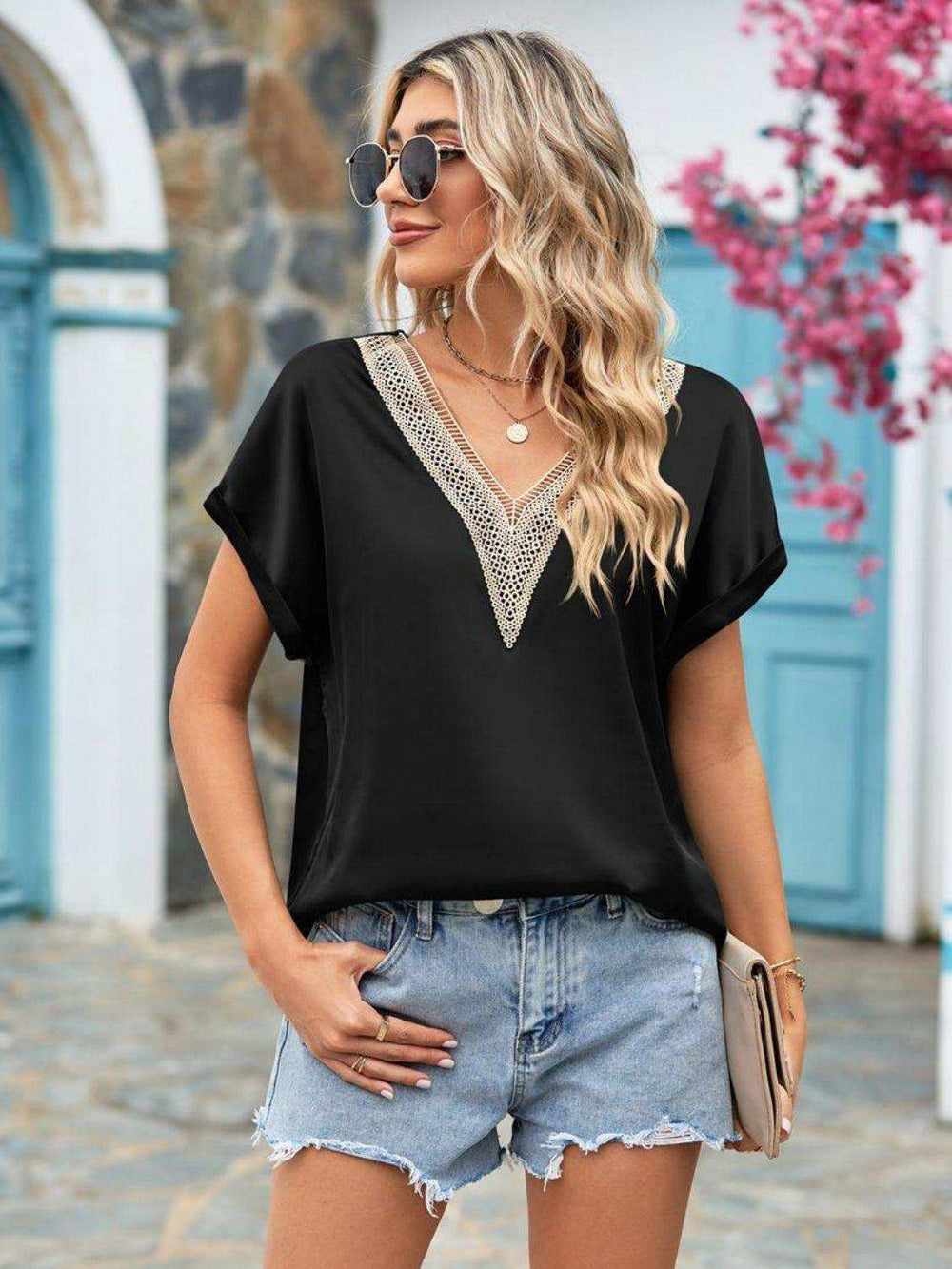 V-Neck Cuffed Blouse - Trendsi - Flyclothing LLC