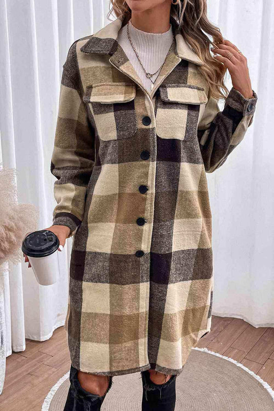 Plaid Button Down Longline Coat - Trendsi - Flyclothing LLC