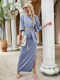 Cutout Slit Round Neck Half Sleeve Dress - Trendsi - Flyclothing LLC