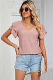 Eyelet V-Neck Short Sleeve T-Shirt - Trendsi - Flyclothing LLC