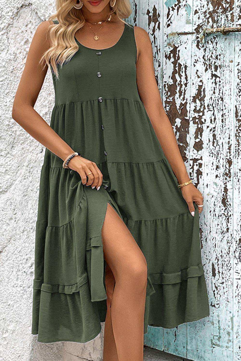 Decorative Button Scoop Neck Tiered Sleeveless Dress - Trendsi - Flyclothing LLC