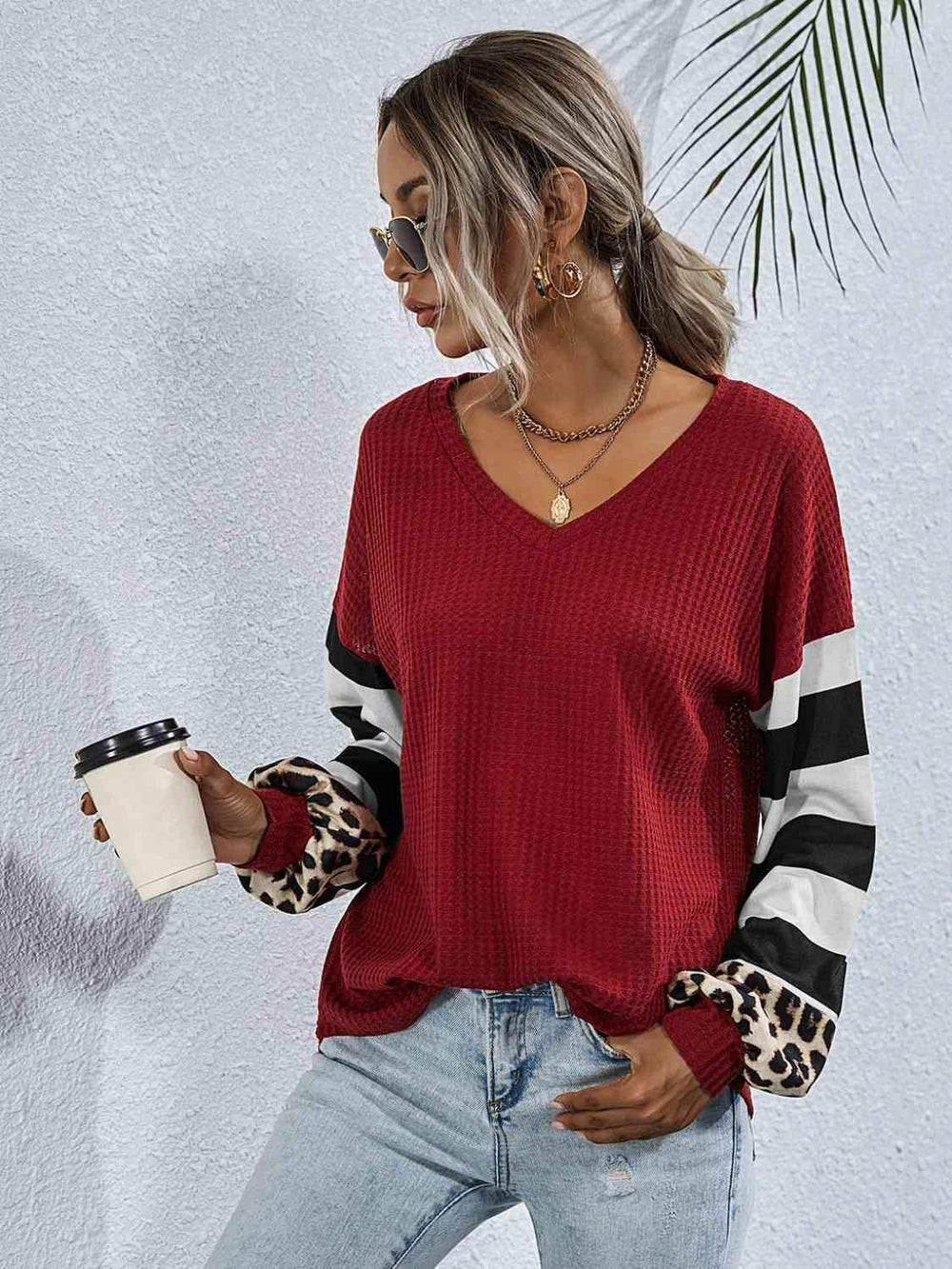Leopard Striped Waffle-Knit Top - Trendsi - Flyclothing LLC
