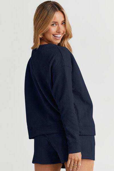 Double Take Full Size Texture Long Sleeve Top and Drawstring Shorts Set - Trendsi - Flyclothing LLC