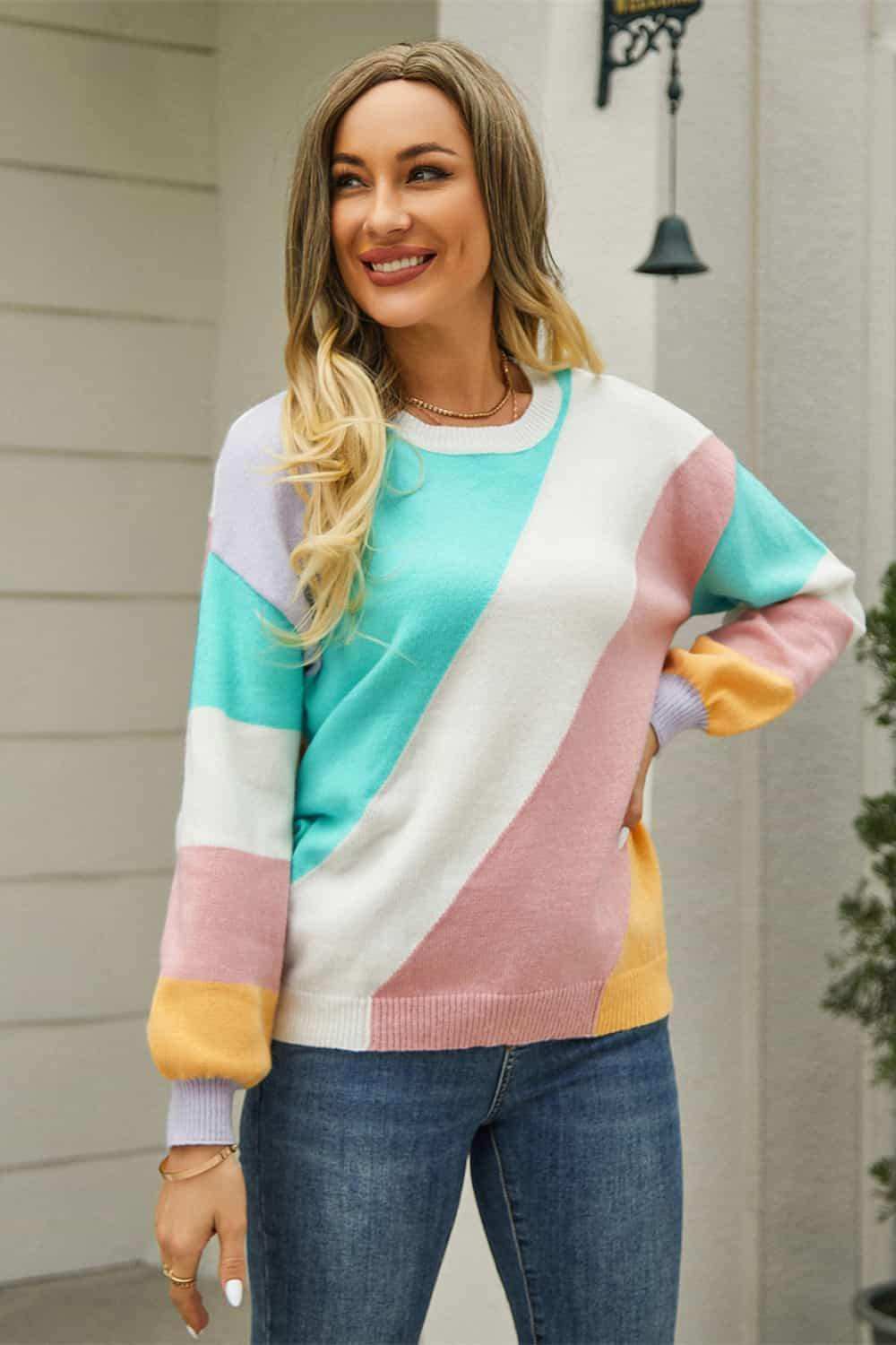Color Block Round Neck Long Sleeve Sweater - Trendsi - Flyclothing LLC