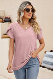 Eyelet Petal Sleeve V-Neck Knit Top - Trendsi - Flyclothing LLC