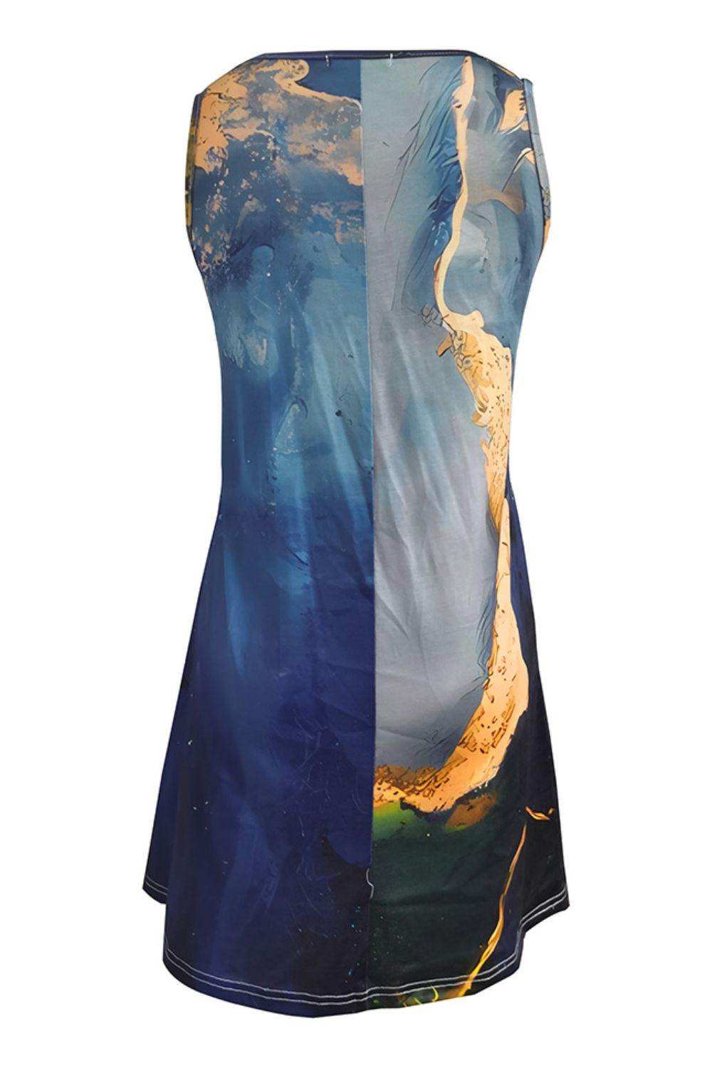 Abstract Print Round Neck Sleeveless Dress with Pockets - Trendsi - Flyclothing LLC