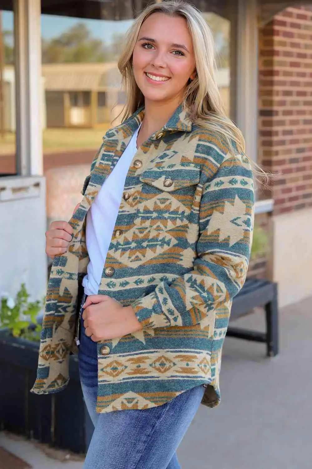 Geometric Button Down Collared Jacket - Trendsi - Flyclothing LLC