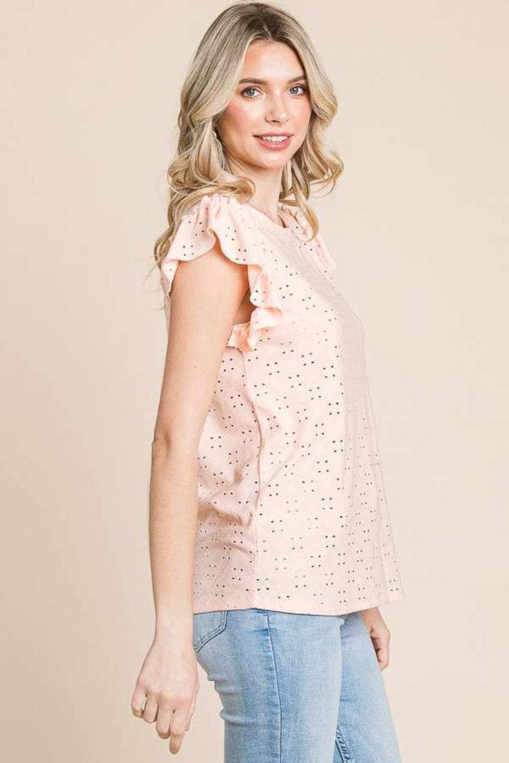 Culture Code Eyelet Round Neck Ruffled Cap Sleeve Top - Trendsi - Flyclothing LLC