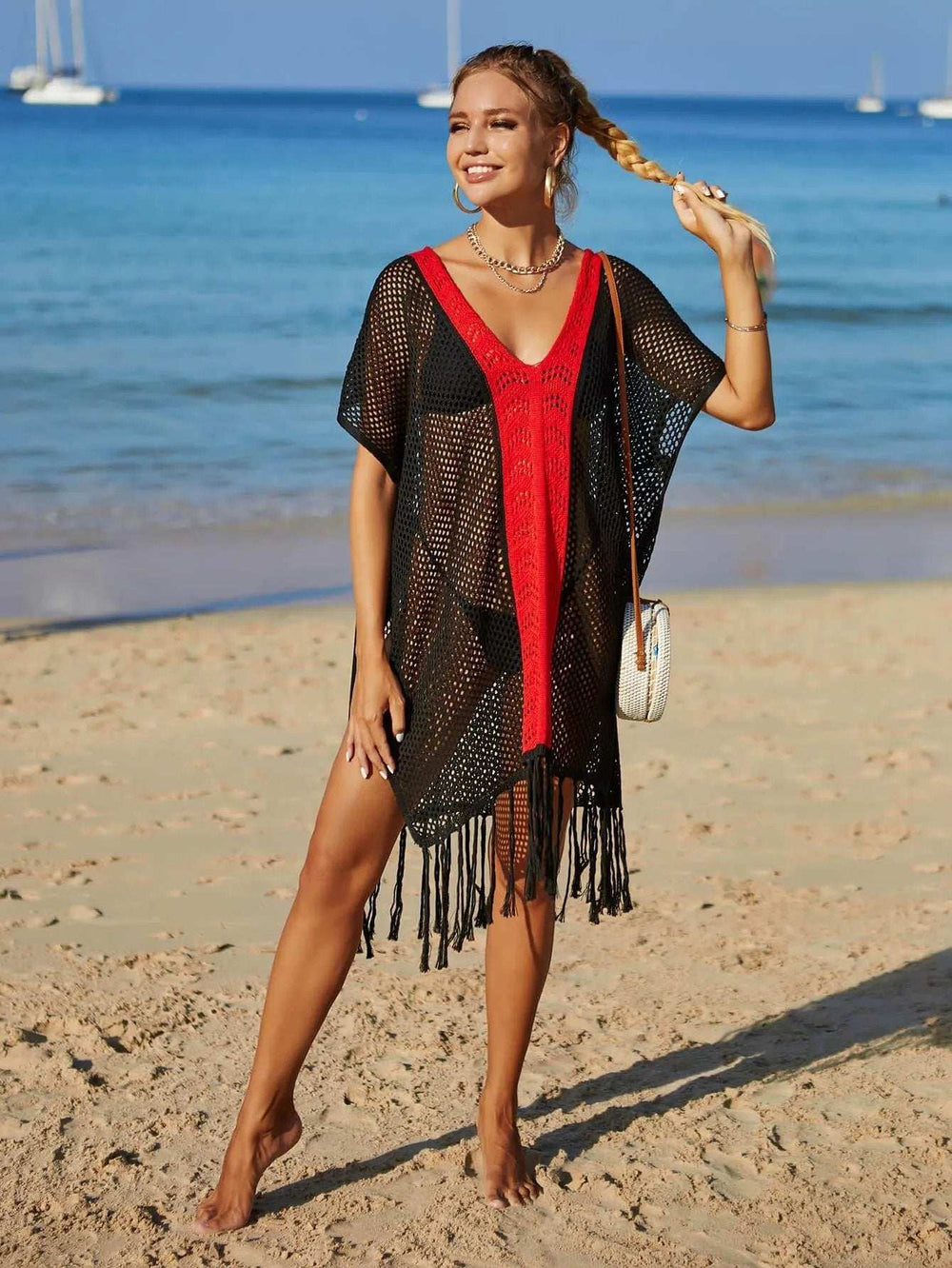 Contrast Fringe Trim Openwork Cover-Up Dress - Trendsi - Flyclothing LLC