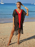 Contrast Fringe Trim Openwork Cover-Up Dress - Trendsi - Flyclothing LLC