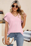 Eyelet V-Neck Petal Sleeve T-Shirt - Trendsi - Flyclothing LLC