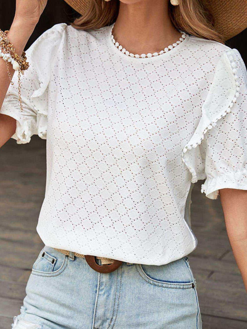 Pom Pom Detail Openwork Flounce Sleeve Blouse - Trendsi - Flyclothing LLC