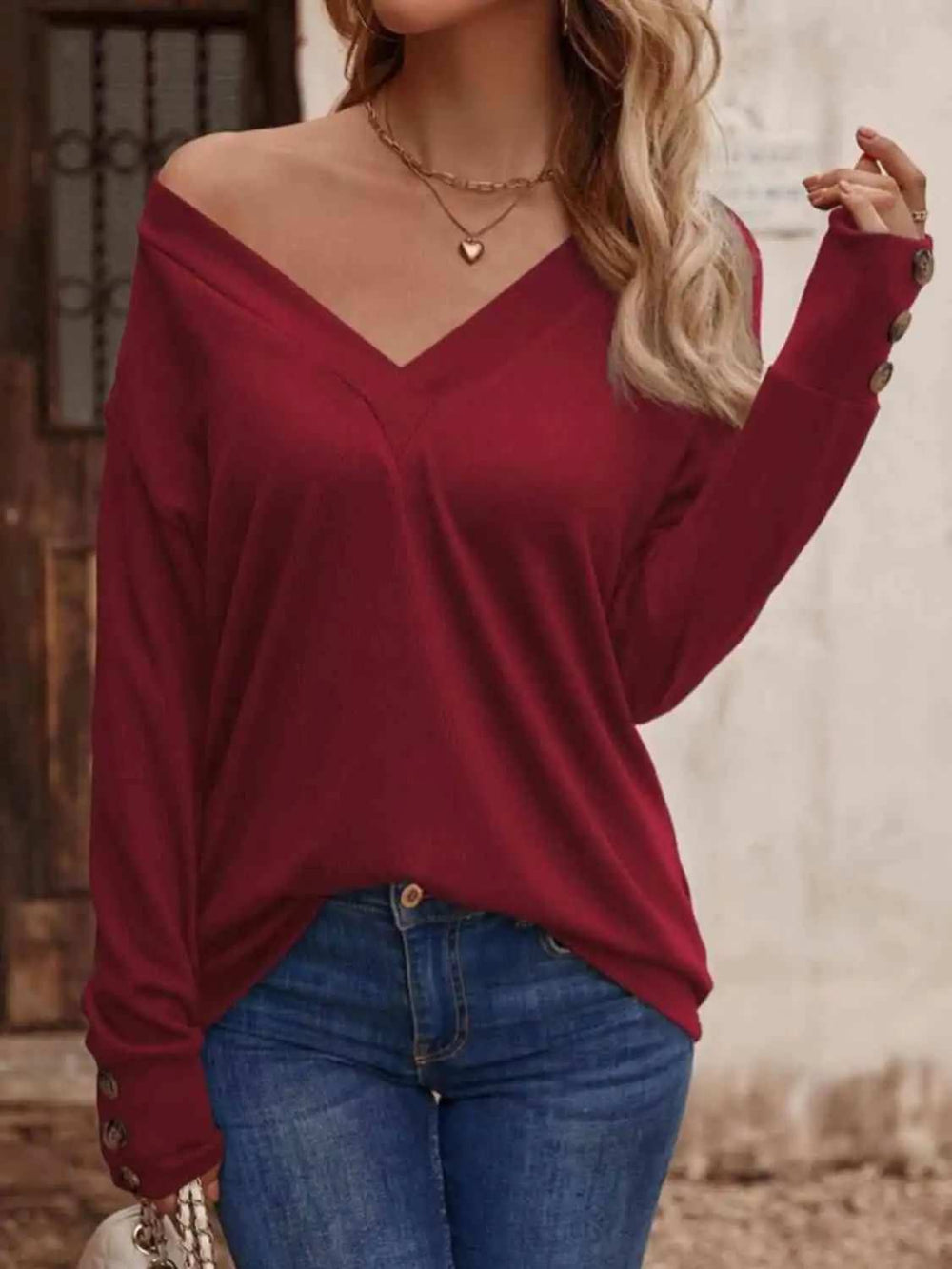 V-Neck Long Sleeve Top - Trendsi - Flyclothing LLC