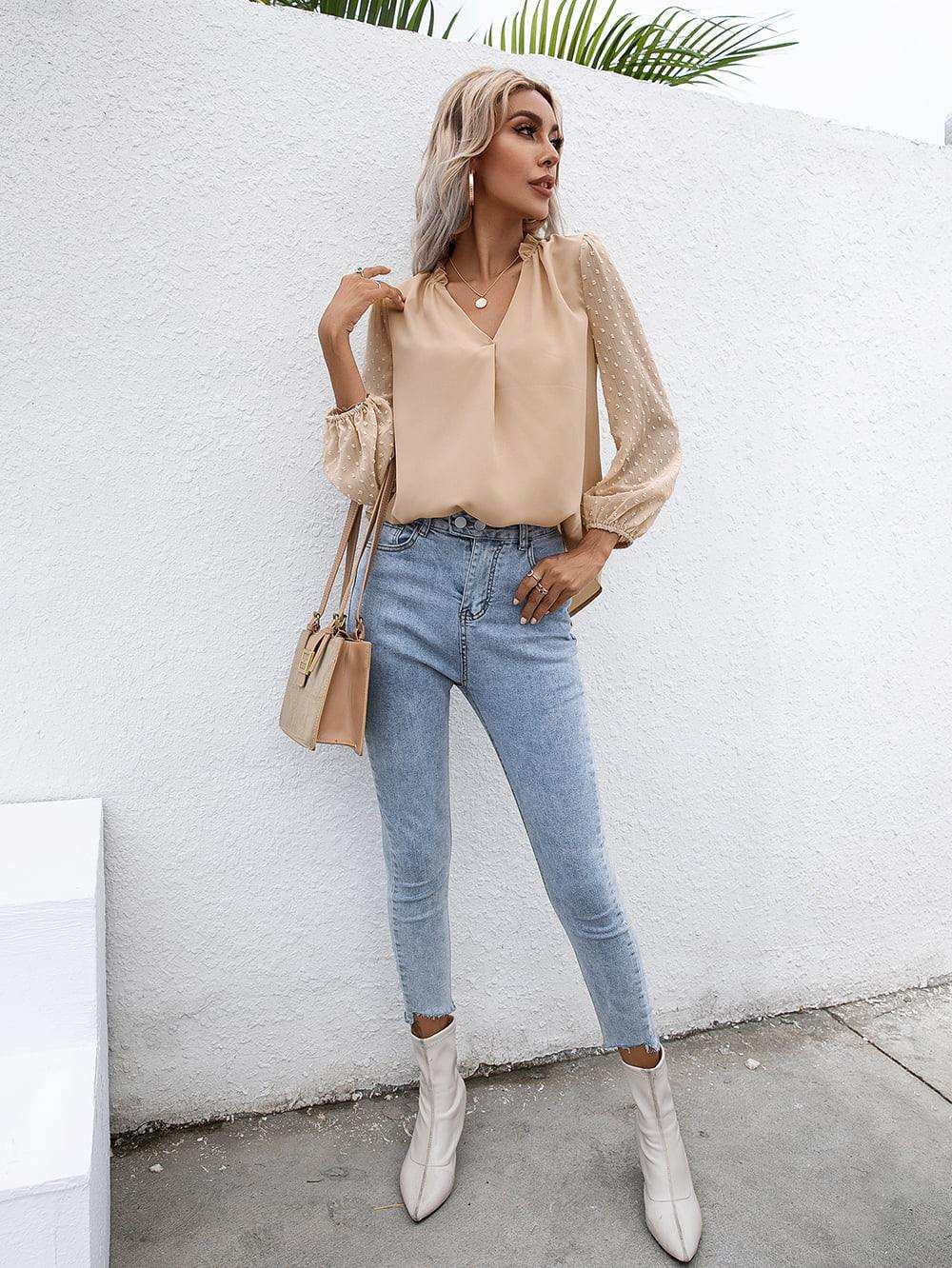 Swiss Dot Frill Trim Puff Sleeve Blouse - Trendsi - Flyclothing LLC