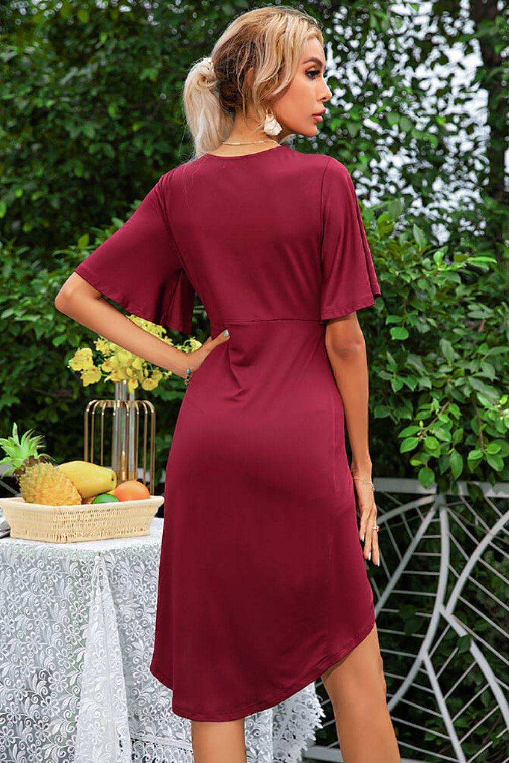 Flare Sleeve Surplice Tulip Hem Dress - Trendsi - Flyclothing LLC