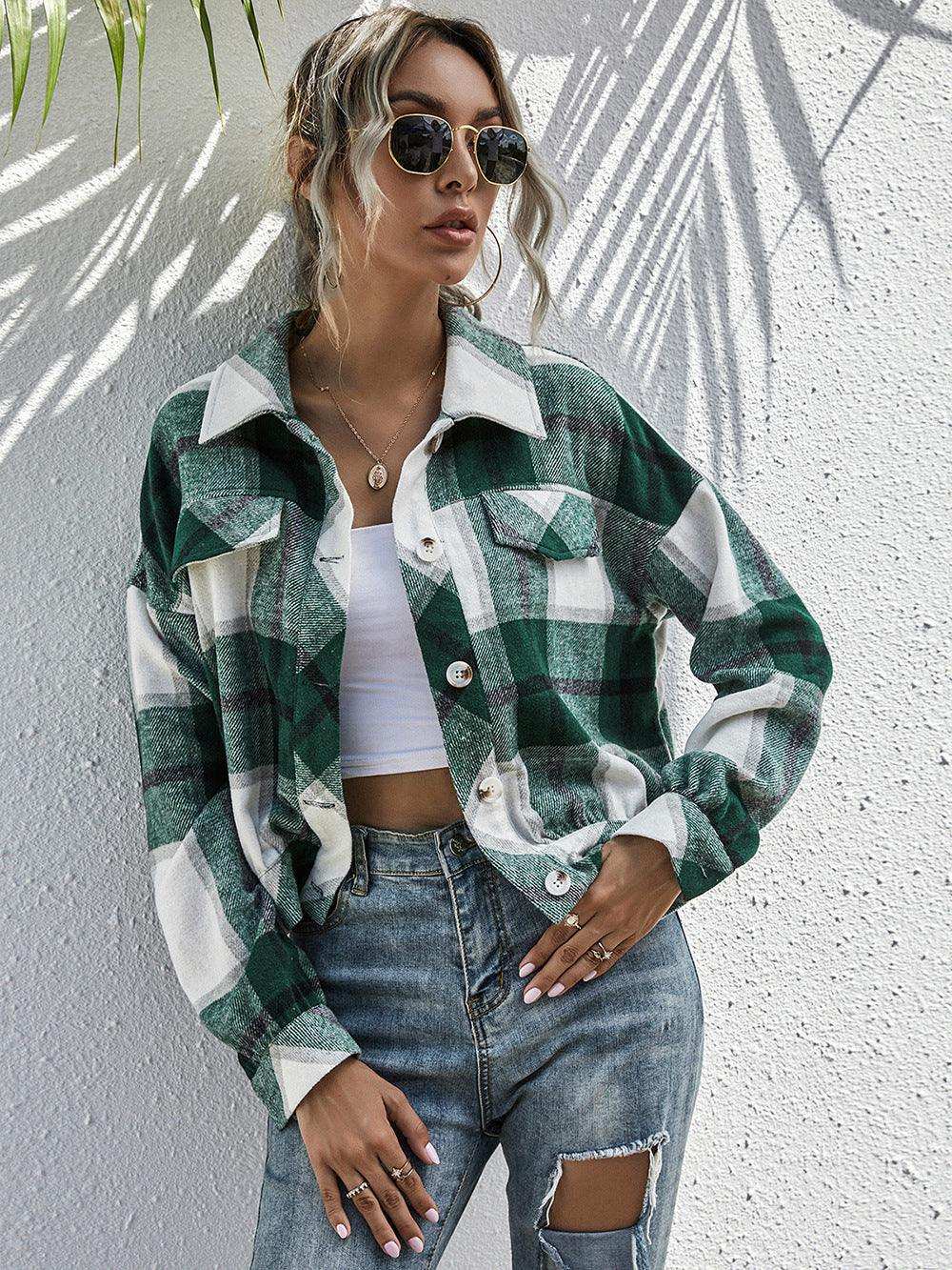 Plaid Dropped Shoulder Shirt Jacket - Trendsi - Flyclothing LLC