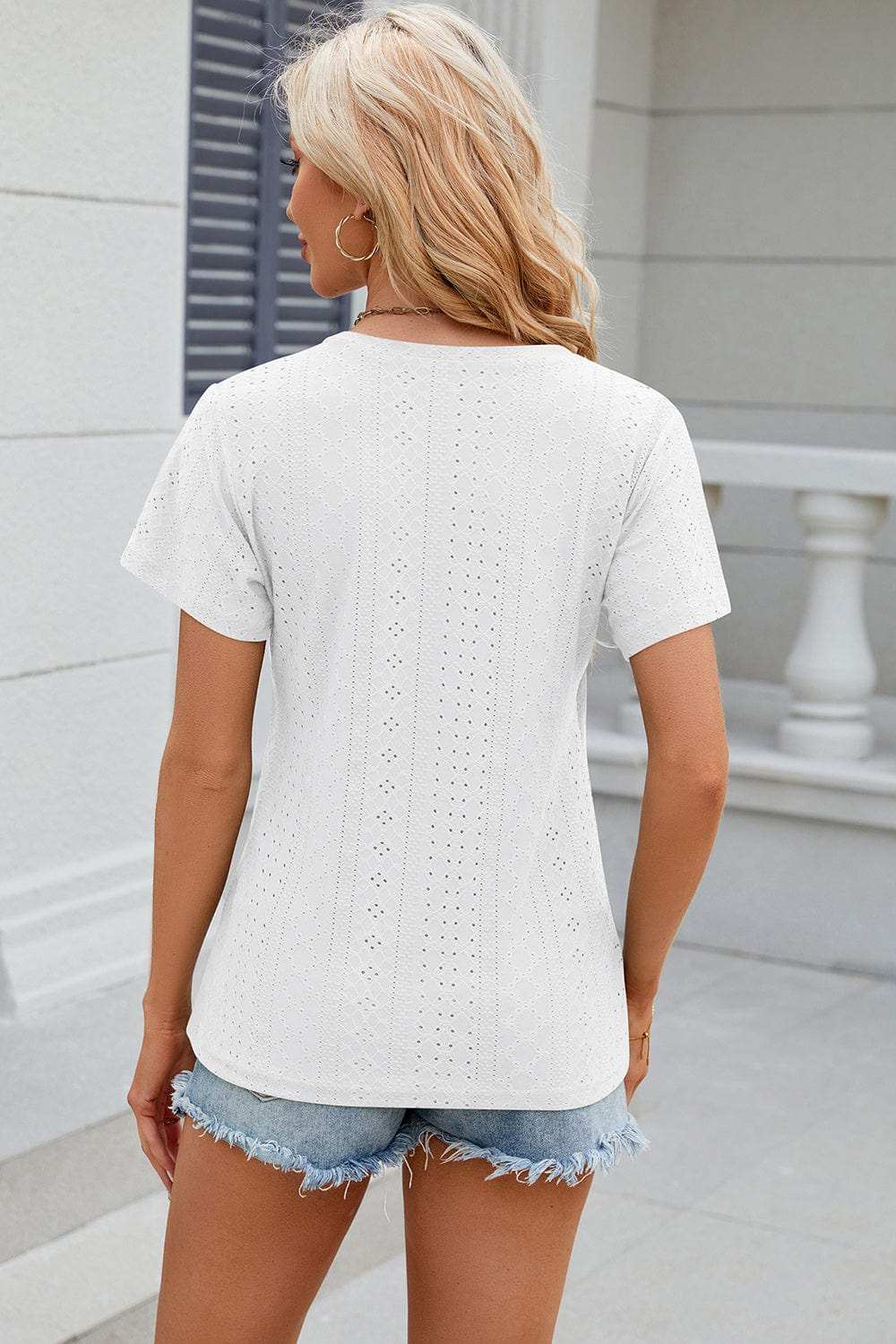 Eyelet Surplice Short Sleeve T-Shirt - Trendsi - Flyclothing LLC