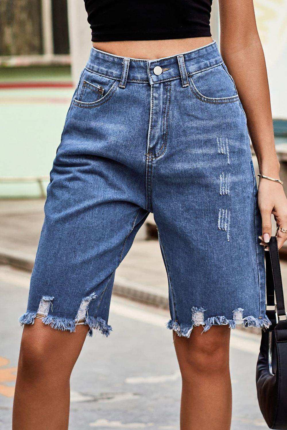 Raw Hem High Waist Denim Shorts with Pockets - Trendsi - Flyclothing LLC