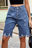 Raw Hem High Waist Denim Shorts with Pockets - Trendsi - Flyclothing LLC